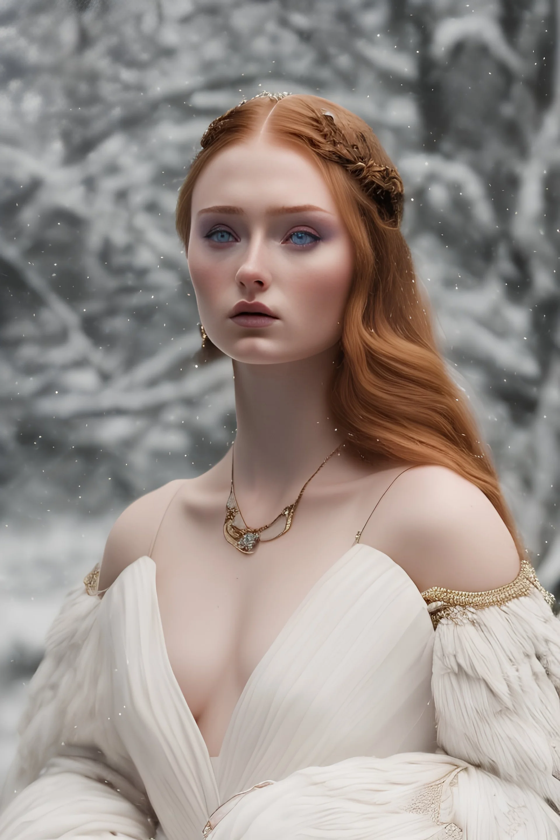 A stunning close-up portrait of a blend of Sophie Turner and Sadie Sink in a dramatic, dark and moody style, inspired by the work of Samuel Adoquei, with intricate details and a sense of desire. She has a single braid on the left side of her hair. Photographic quality. She wears a white wrap dress. Full body. Three point studio lighting.
