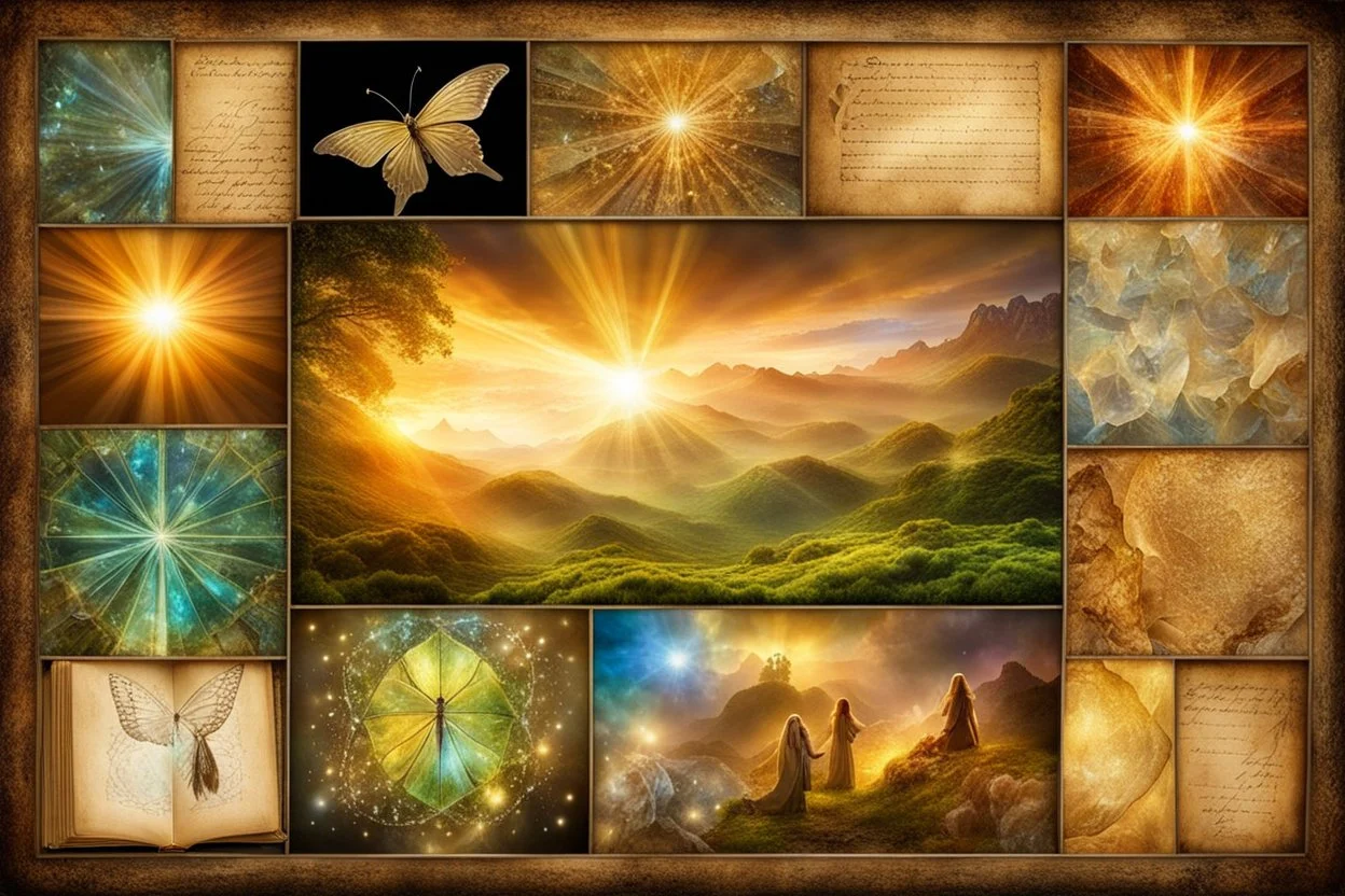 ancient photo album page collage containing images of elves and fairies Broken glass effect stunning something that doesn't exist mythical creature energy molecular textures iridescent light scales breathtaking beauty pure perfection divine presence unforgettable stunning breathtaking beauty Volumetric light aura rays