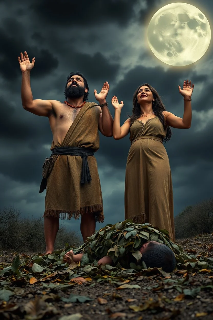 A Stone Age man and his wife , ,wearing an animal skin cloths standing with anger , looking up to the sky , raising both hands up like prayer. His baby who is laying dead on the ground covered with leaves, A cloudy stormy behind a dim lighting moon ,4k, dramatic scene,