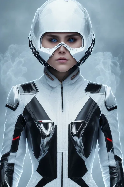 All Black racing suit AnnaSophia Robb, portrait, ghost mask, wearing high tech mask, white smoke, dark, rage, sorrow, high definition, ultra 8 k, volumetric lighting, blue fire, fog