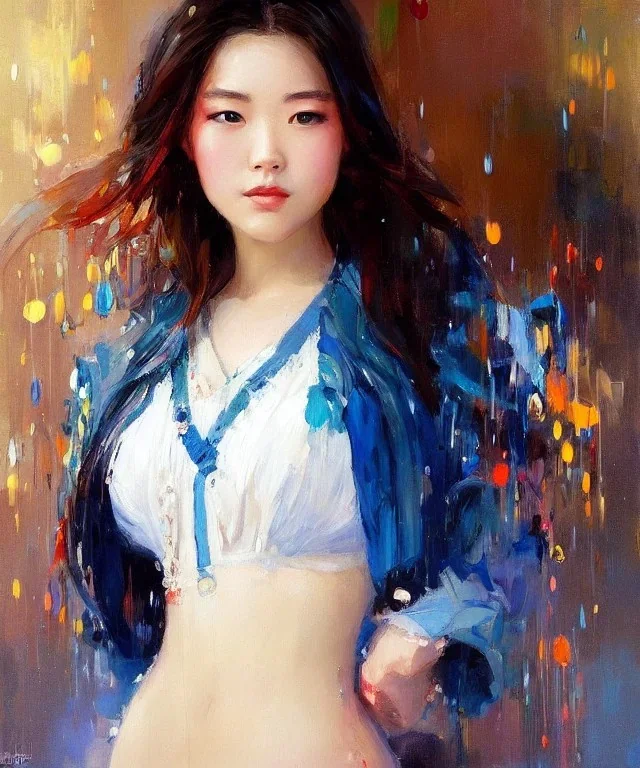 realist impressionist portrait of "The Curious Female" by Ross Tran rework. Masterpiece, best quality, painted impressionist brush strokes. paint drips and drabs and splatters by and by art nouveau and richard schmid . Paint spatters, drips, drabs, dynamic, artstation, artgerm