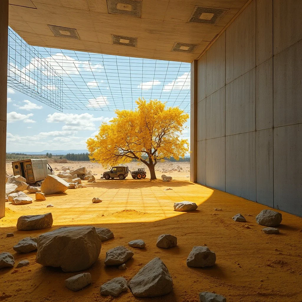 Photograph, wasteland, bright reflective aluminum cover, brutalist concrete, all'aria aperta, rocce, cage, sky, brutalist, liquid, polvere, yellow tree, open air museum style, blue wire, apparecchi elettronici, powder, punto, minimalist, details of the dust very accentuated, deep 3d field