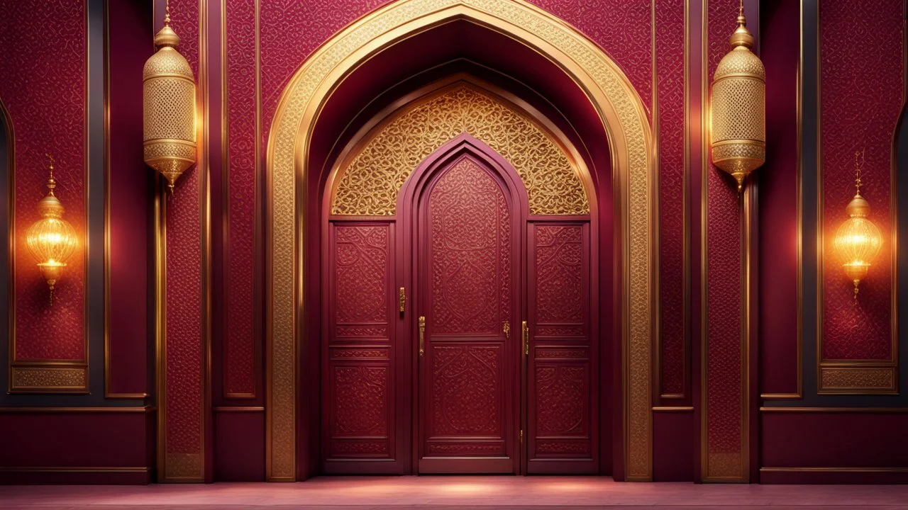 Hyper Realistic Photographic-View Of A Fancy Door Of A Maroon-Mosque-Door-with-beautifully-detailed-glowing-golden-Islamic-Architctural-design with-fancy-lamps-on-walls showing dramatic & cinematic ambiance.