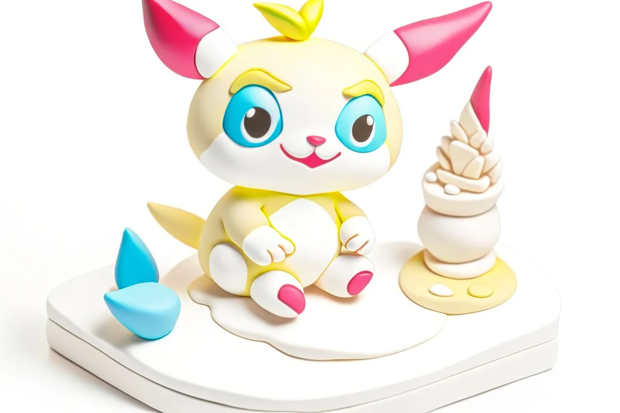 masterpiece, best quality, Clay, clay texture, polymer clay, ultra light clay, Q edition, cartoon, no humans, Portable gum making machine, headshot, cute, white background, simple background, Pokemon, solo