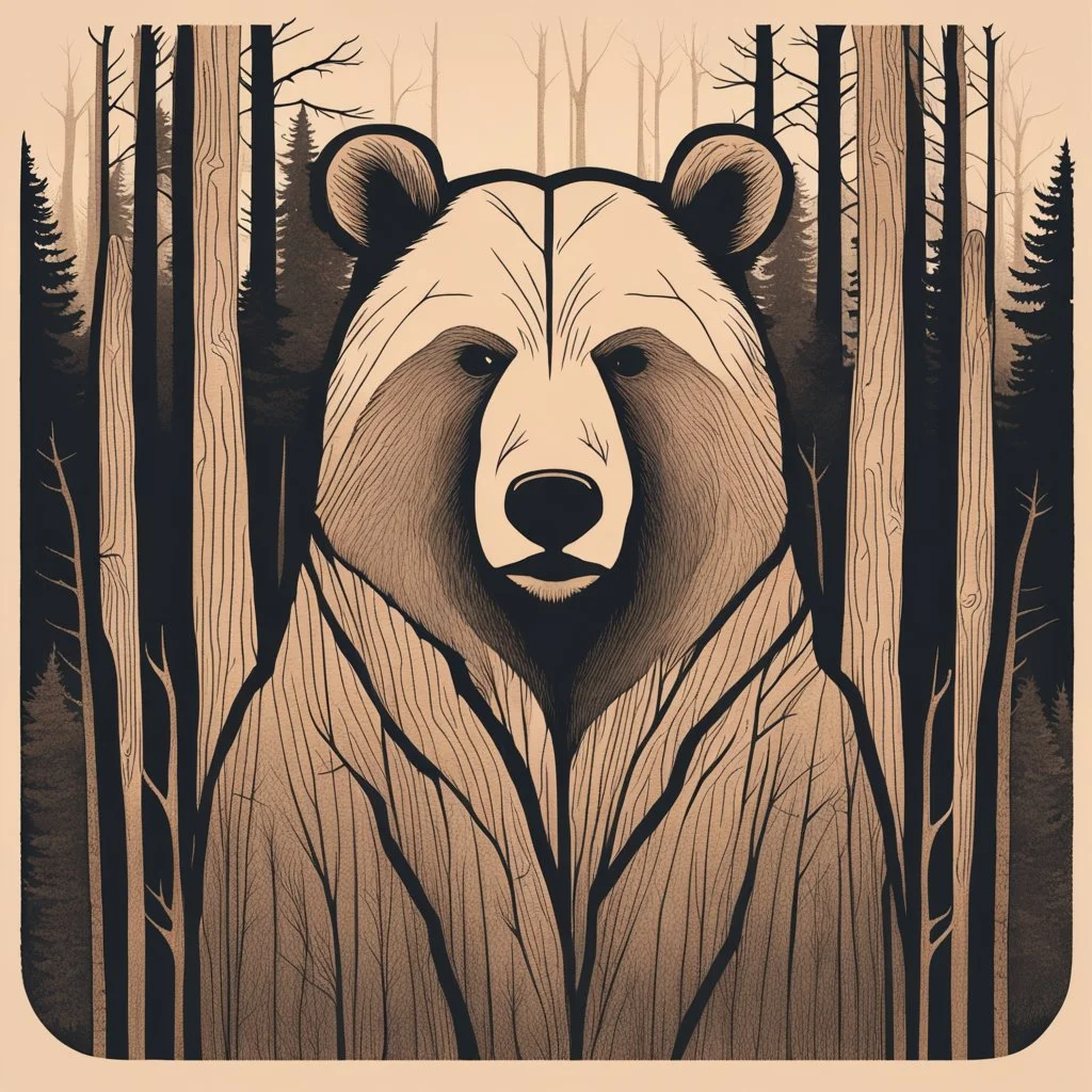 M shaped bear head combined with woods silhouette in backround, letterpress style, minimalistic pencil art