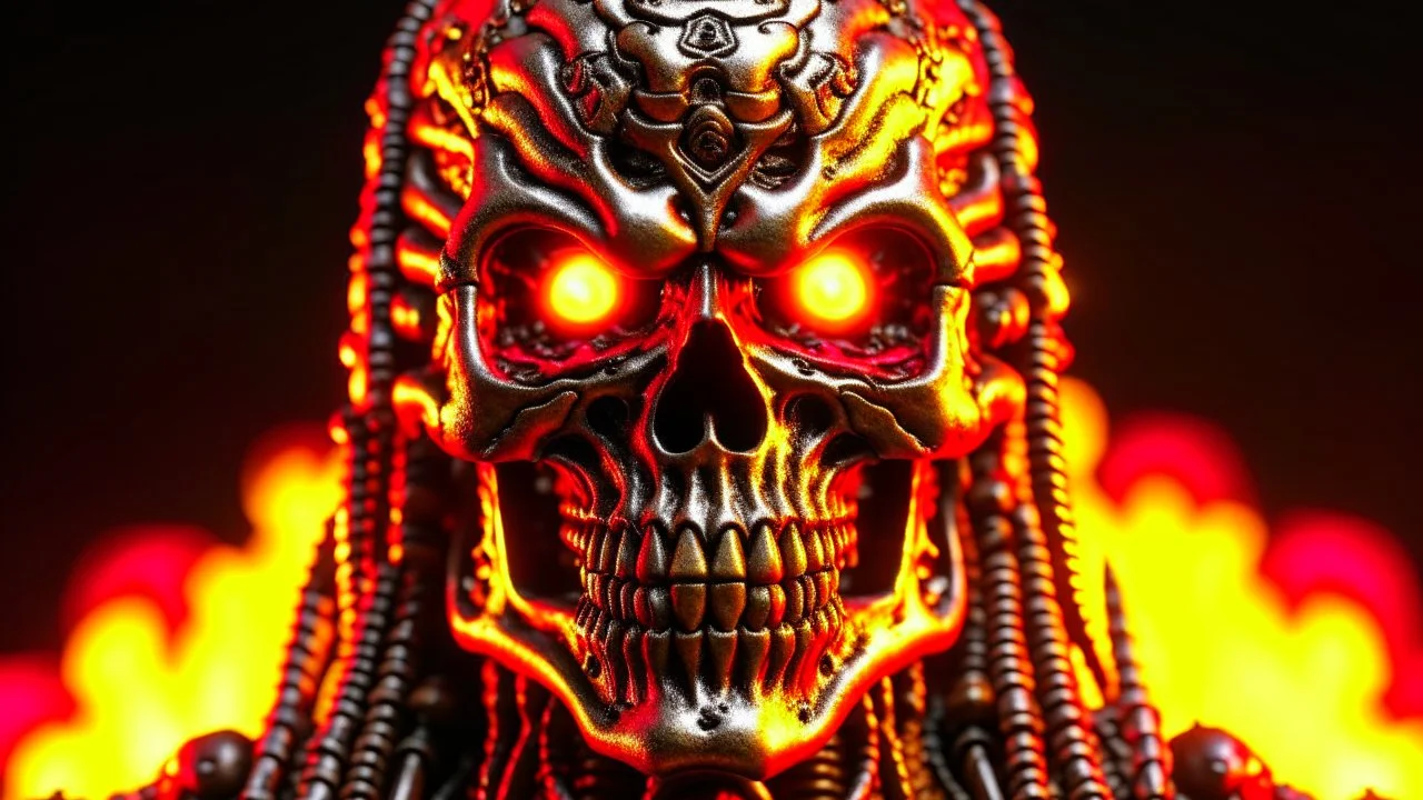 4K, ultra detail, full realism portrait terminator iron maiden logo full face flames in the background