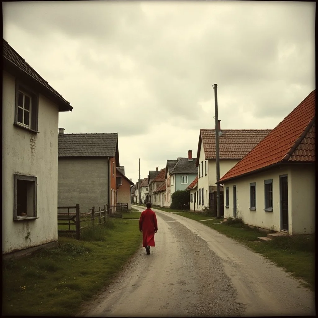 Fotografia di strada assurda e falsa Vlkolínec, persone Non luogo falso, inusuale. Max Ernst. Case contadine Slovacchia. Ci sono finestrelle false quadrate, che danno un senso distopico e molto surreale, disposte in modo casuale. L'atmosfera generale sembra noiosa e onirica, con un contrasto tra elementi reali ed elementi dipinti falsi, on the shore, René Magritte, oddest things
