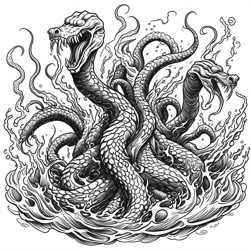 Make black and white cute drawing of a multi-headed hydra with black bold lines. Only outline, no grayscale. A multi-headed hydra is splashing in a magical lake.