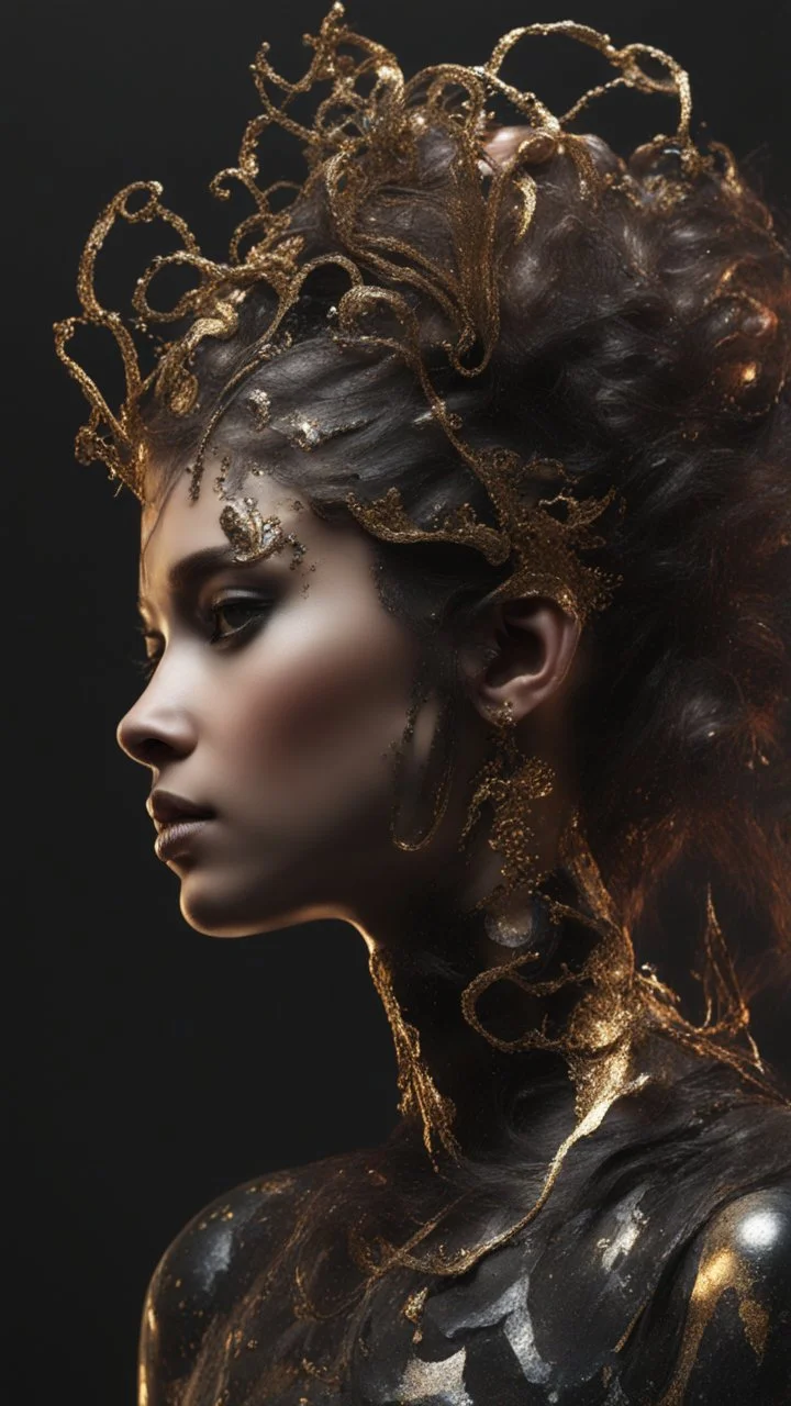 PAPERCUT 3d photo realistic portrait of young woman, dark fantasy, beautiful, dark eyes, dark make up, shiny streaks of paint, paint blobs and smears, shiny baubles, textured, ornate, shiny molten metalics, wild hair, high definition, octane render, 64k, 3d