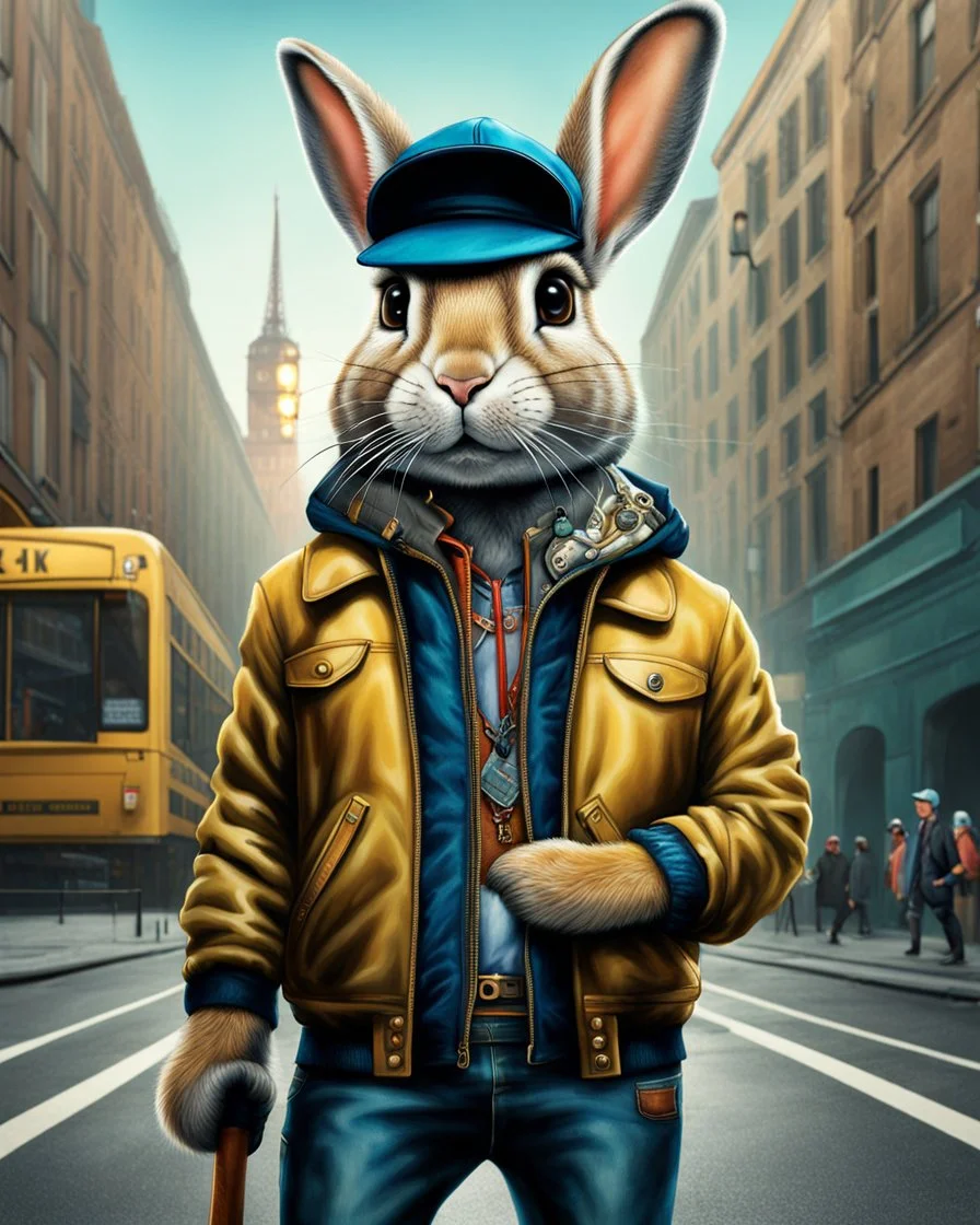 Conejo antropomorfico con chaqueta, Jens, tennis y gorra en la ciudad, full body, arte de ilustración, calidad ultra, hiperdetallado, maximalista, increíble obra de arte, 12k