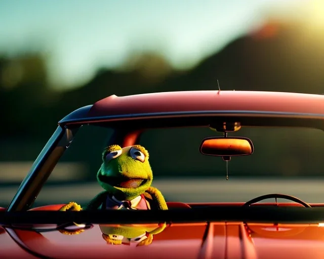 Realistic image, car scene, Quentin Tarantino style, muppet driver, concept art, smooth, unreal engine 5, god lights, ray tracing, RTX, lumen lighting, ultra detail, volumetric lighting, 3d, finely drawn, high definition, 4k.