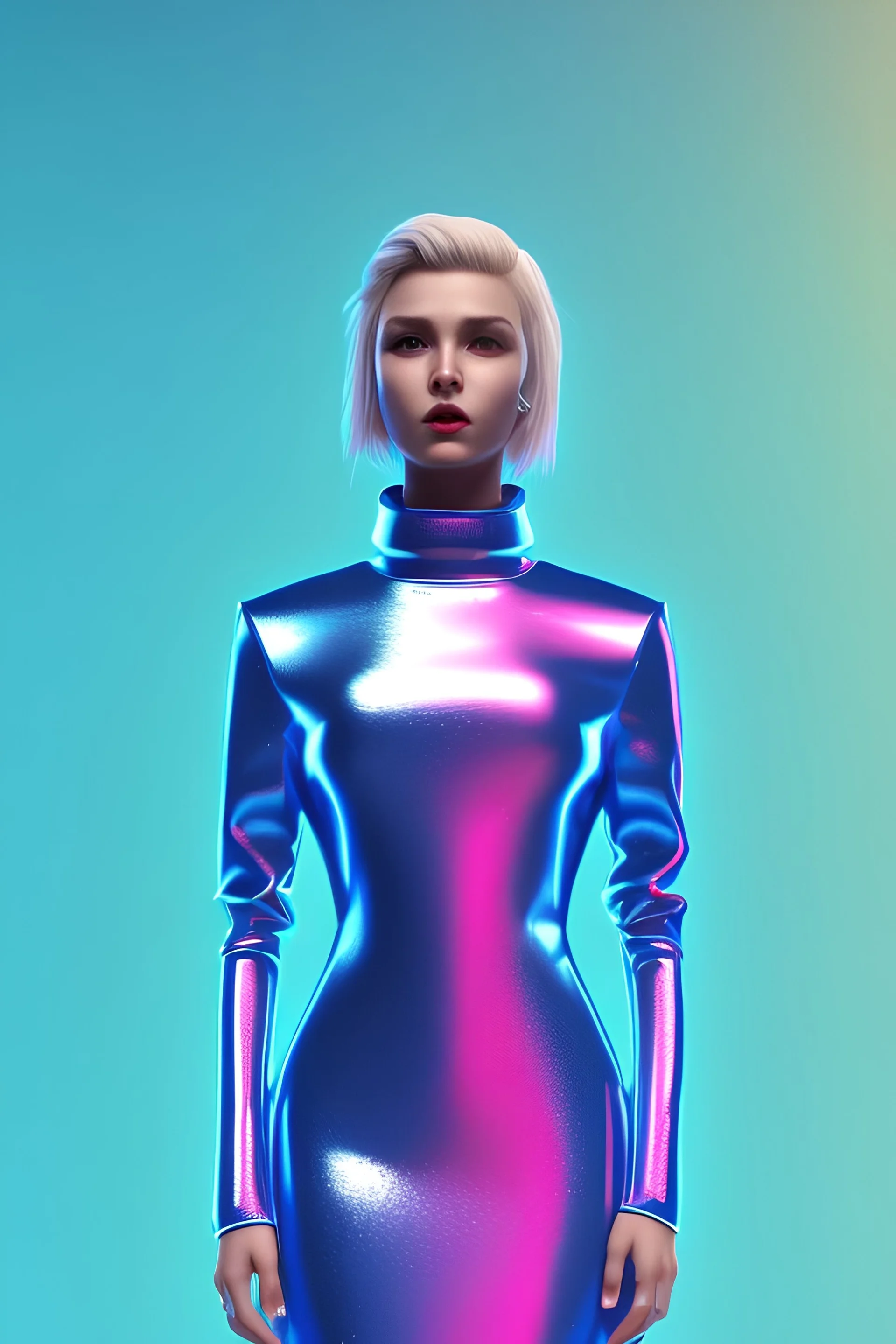 blonde woman, purpurin, minimal latex dress, oversize velvet coat, gradient color, BLUE, PINK, CYAN, neon, insanely detailed, 16k resolution, perfect eyes, cinematic smooth, intricate detail