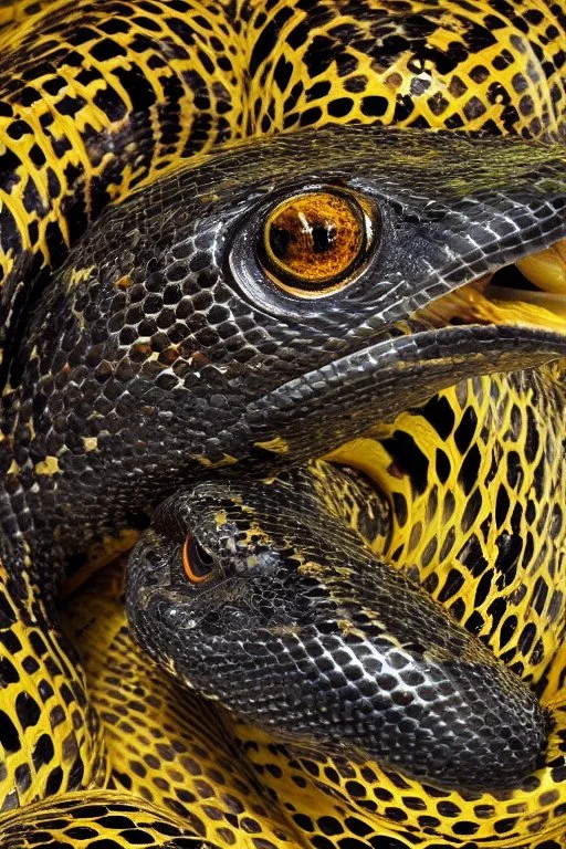 Close up of a Cobra snake ready to strike, head in a flat striking position. Abstract, Stunning and frightening pattern on forehead with staring eyes. Style of steampunk, chaos80, realistic and high quality