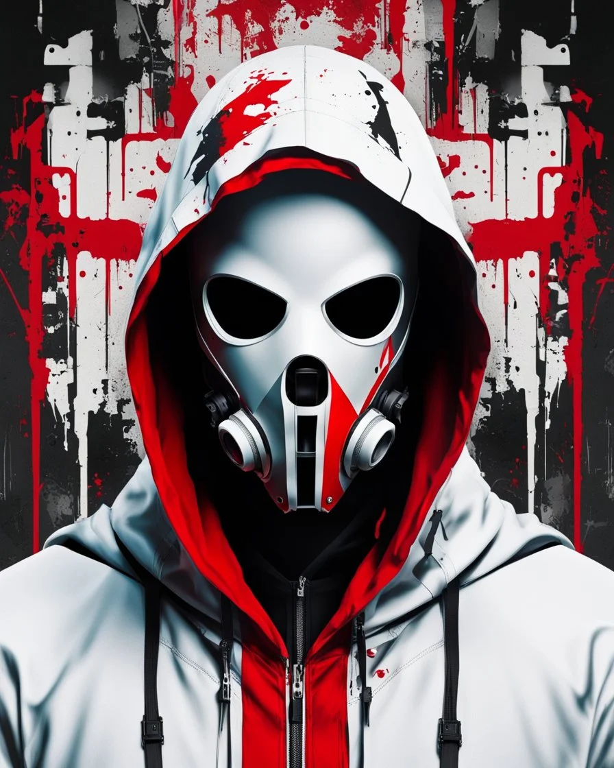 Banksy style. Vibrant and dynamic masterpiece of a hooded and gas masked killer Cyborg, his eyes are intense. Red, white and black colors, (((full body)))