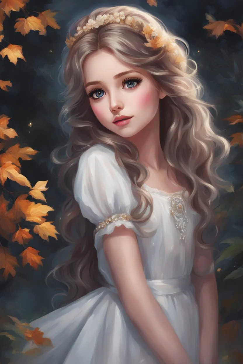 Painting of a beautiful girl, beautiful, dress, young girl, digital painting, realistic art, pretty face, illustration, anime portrait, barbie face, big eyes, bright eyes, dream, trees, white background, dark night,white background, fantasy, high quality, 8k