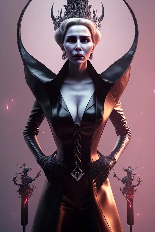 Constance Langdon as evil queen in black leather, leather, busty, cleavage, angry, stern look. character design by cory loftis, fenghua zhong, ryohei hase, ismail inceoglu and ruan jia. unreal engine 5, artistic lighting, highly detailed, photorealistic, fantasy