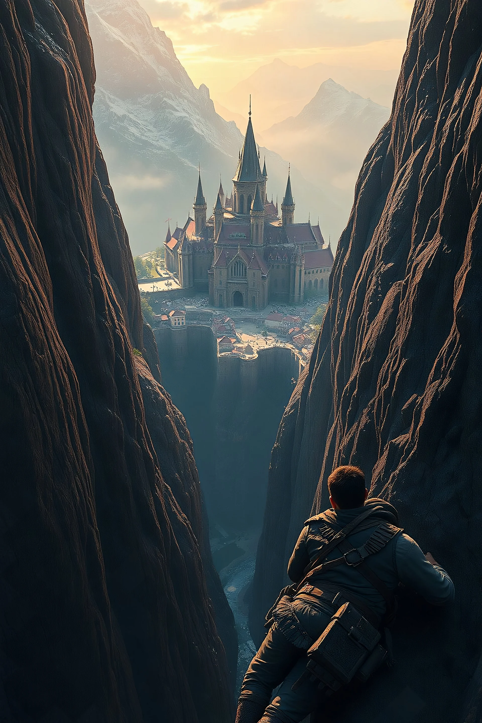 a medieval city at the end of a steep, narrow, 3.000 feet tall ravine. a man climbing the mountain with rob . fantasy concept art, dynamic lighting, hyperdetailed, intricately detailed, deep color, Unreal Engine, volumetric lighting, Epic cinematic brilliant stunning intricate meticulously