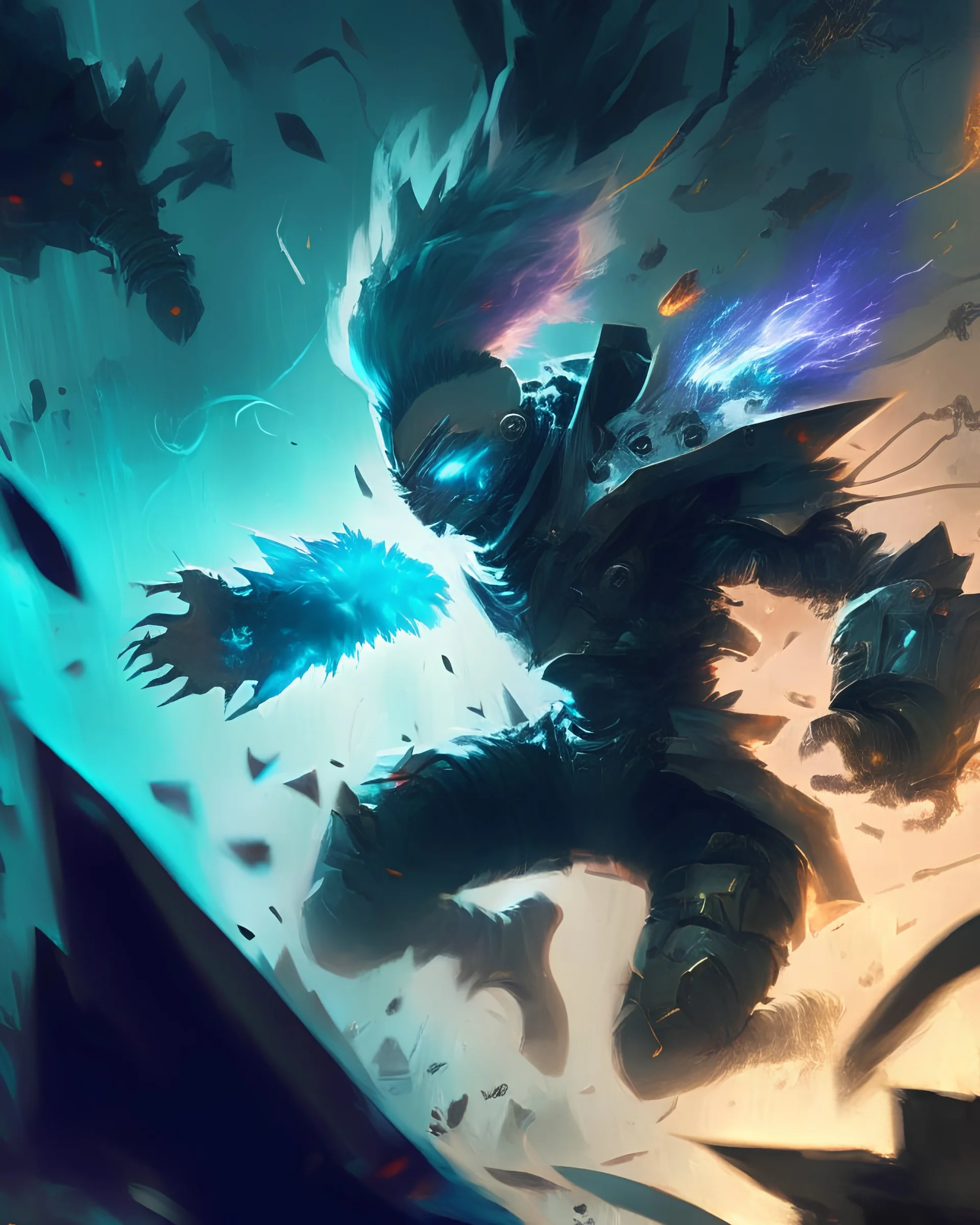 league of legends atmosphere art style, highly detailed futuristic ekko, punching a huge tech scary monster, metal gear suit, shots fired, dark and scary background, cinematic shot, perfect shot, Dynamic, exciting, energetic, thrilling, intense, vigorous, dynamic, active, adventurous, dynamic, oil painting by jama jurabaev, extremely detailed, debris, particles, grit, grime, dirt, filth, soot, brush hard, ultra high definition, super high resolution, ultra high resolution, 8k resolution, 8k ultr