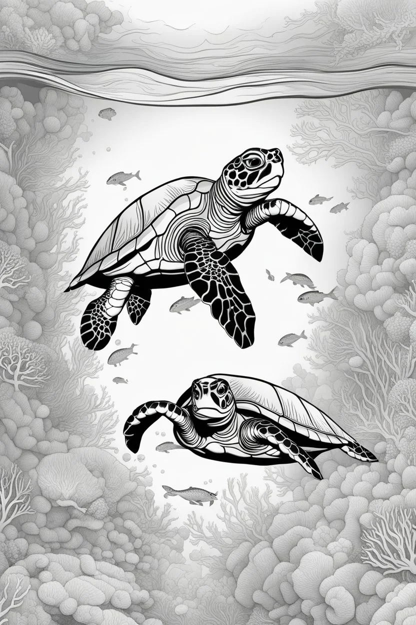 A serene underwater world with gliding sea turtles and coral, STRESS RELIEF themed coloring page for adult, cartoon style, thick outline, low details, no shading, no color