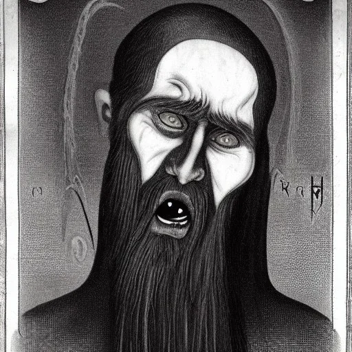 Vampire with yellow eyes and two eyes on forehead tentacle beard grey skin and vampire fangs and vampire bat nose and bat ears as a Russian Orthodox