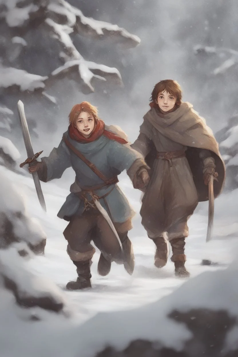 DnD style, two medieval peasant kids playing in the snow male and female, age 14 and 15, happy and playful, he has a short sword.