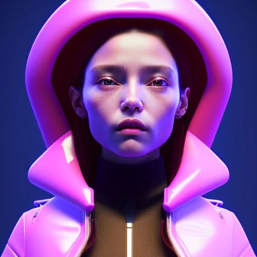 Spanish woman, rounded face, purpurin made up, red, blue, pink, cold, latex coat, leather, piercing, soft color, highly detailed, art stations, concept art, smooth, unreal engine 5, god rays, ray tracing, RTX, lumen lighting, ultra detail, volumetric lighting, 3d, finely drawn, high definition, high resolution, neon background.