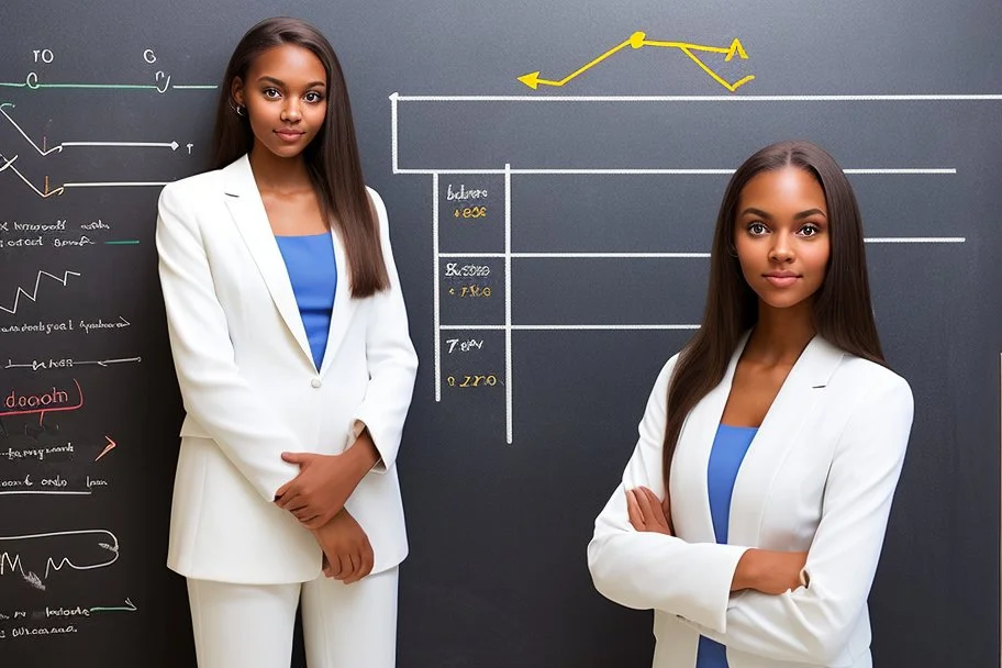 A pretty brown-haired, light-skinned woman in an elegant blue suit stands in a classroom in front of a blackboard with various charts and diagrams, in the sunlight