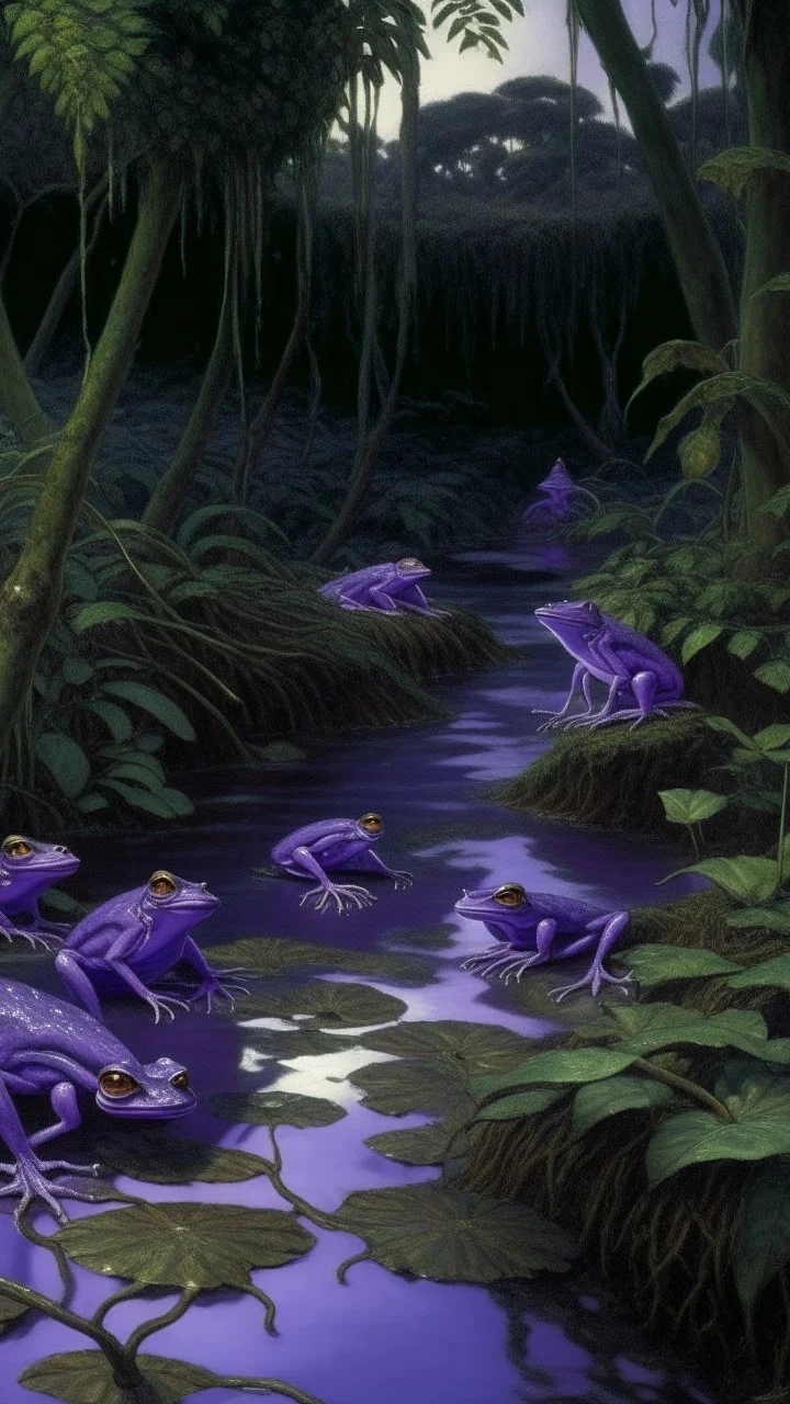 A purple rainforest filled with venomous frogs painted by Claude Monet