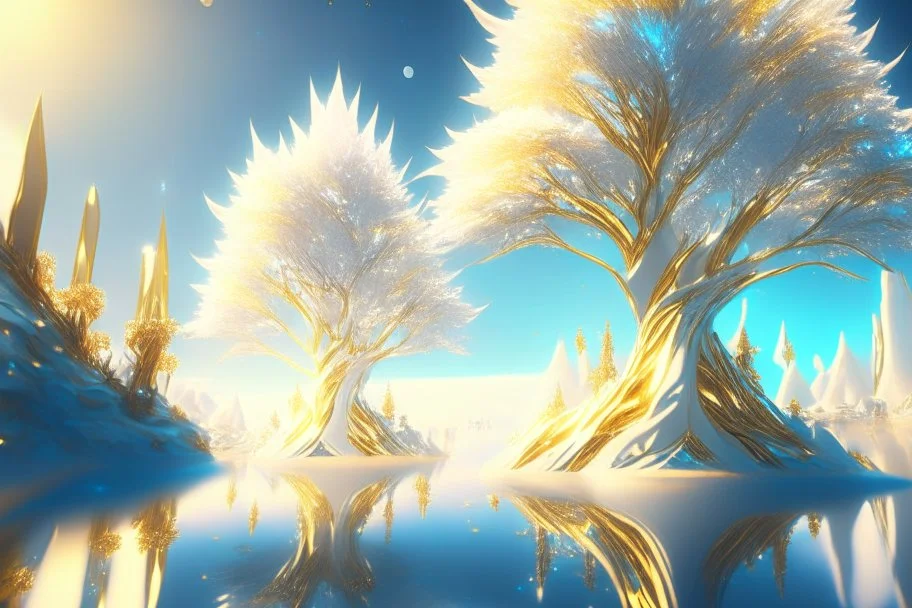 white and gold crystal cosmic and galactic ambiance sky trees river lake surreal scifi futuristic, full of details, smooth, bright sunshine，soft light atmosphere, light effect，vaporwave colorful, concept art, smooth, extremely sharp detail, finely tuned detail, ultra high definition, 8 k, unreal engine 5, ultra sharp focus