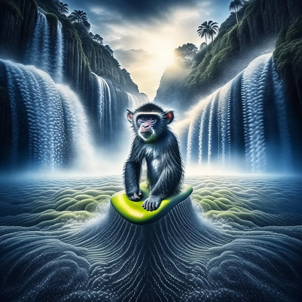 portrait of psychedelic monkey on surfboard in waterfall, in the style of escher , 8k, down-light, soft light, depth of field, photo realism, trending on art station, high detail, smoke and fog