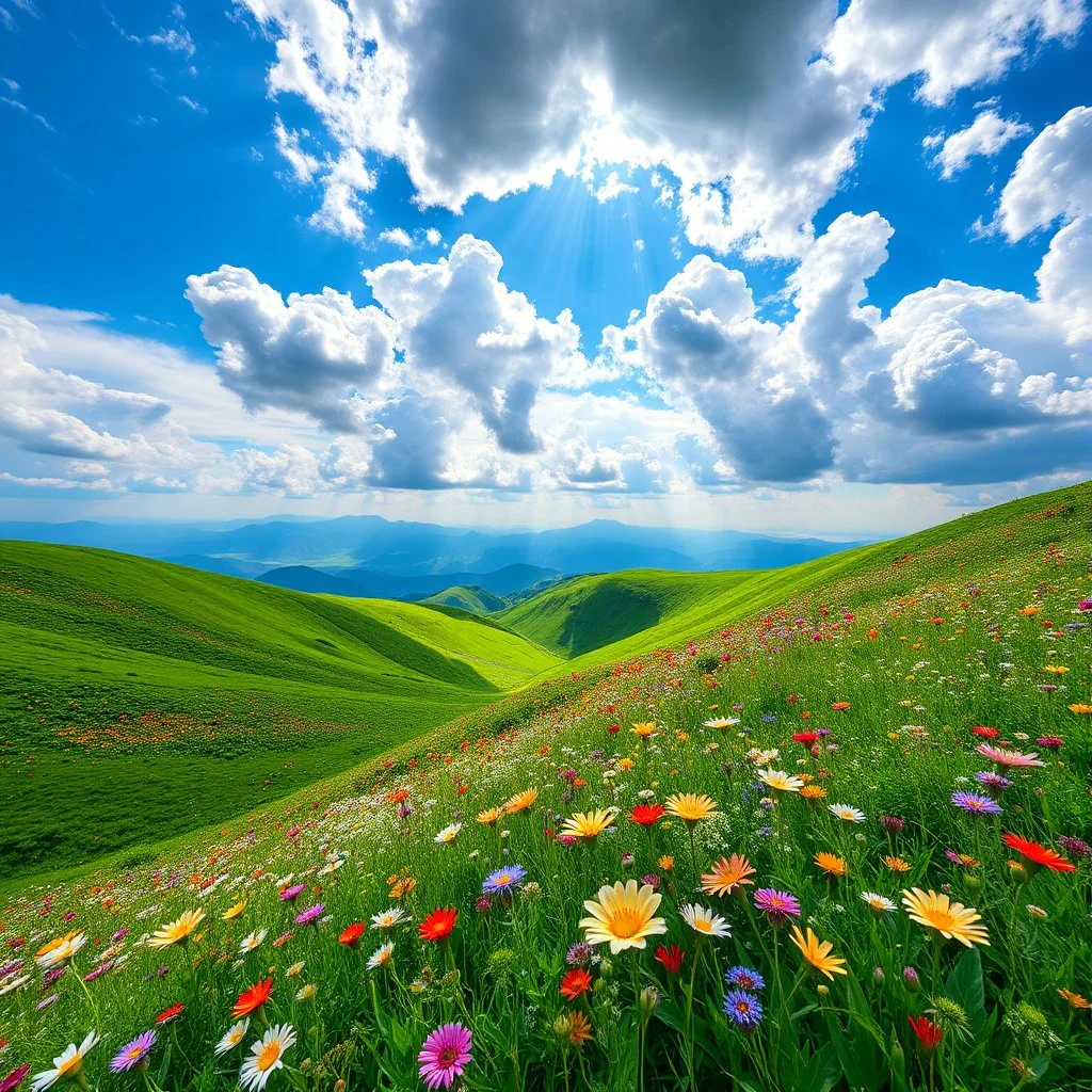 beautiful Green hills covered with flowers colorfull ,blue sky heavy clouds with godray ,very nice flowers at closeup ,wonderfull mountains at distance