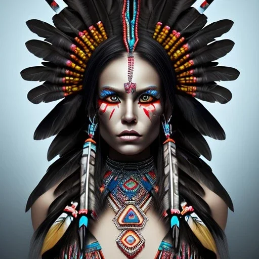 war painted pueblo Indian female, dark, disturbed expression.intricate detailethnically accurate face, intricate head dress, detailed make-up, detailed turquoise jewelry, detailed hair, detailed feathers, use dynamic palette, accurate proportions, high contrast.