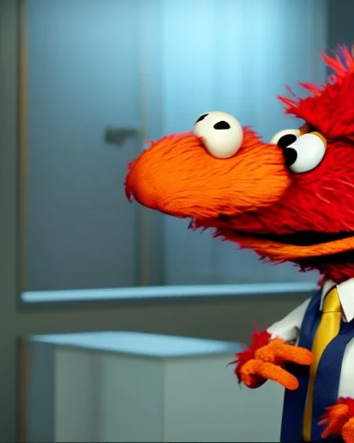 hybrid character, Elmo muppet head, real human body, human arms and hands, Shirt and tie, concept art, smooth, unreal engine 5, god lights, ray tracing, RTX, lumen lighting, ultra detail, volumetric lighting, 3d, finely drawn, high definition, 4k.