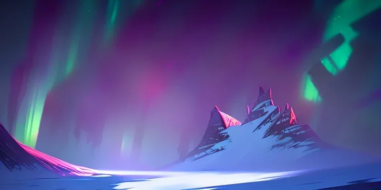 Massive Mountaintop summit, aurora borealis, fantasy, misty, snow storm