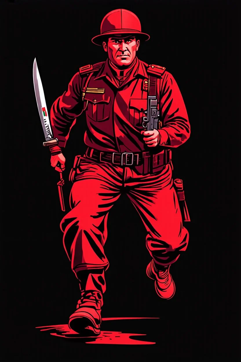 Italian soldier(uniform and face based on racist steriotypes) running towards viewer, a knife i one hand, and a gun(barrel pointing at viewer) in the other. blocky retro 1960's jack kirby style poster in monochrome with white background