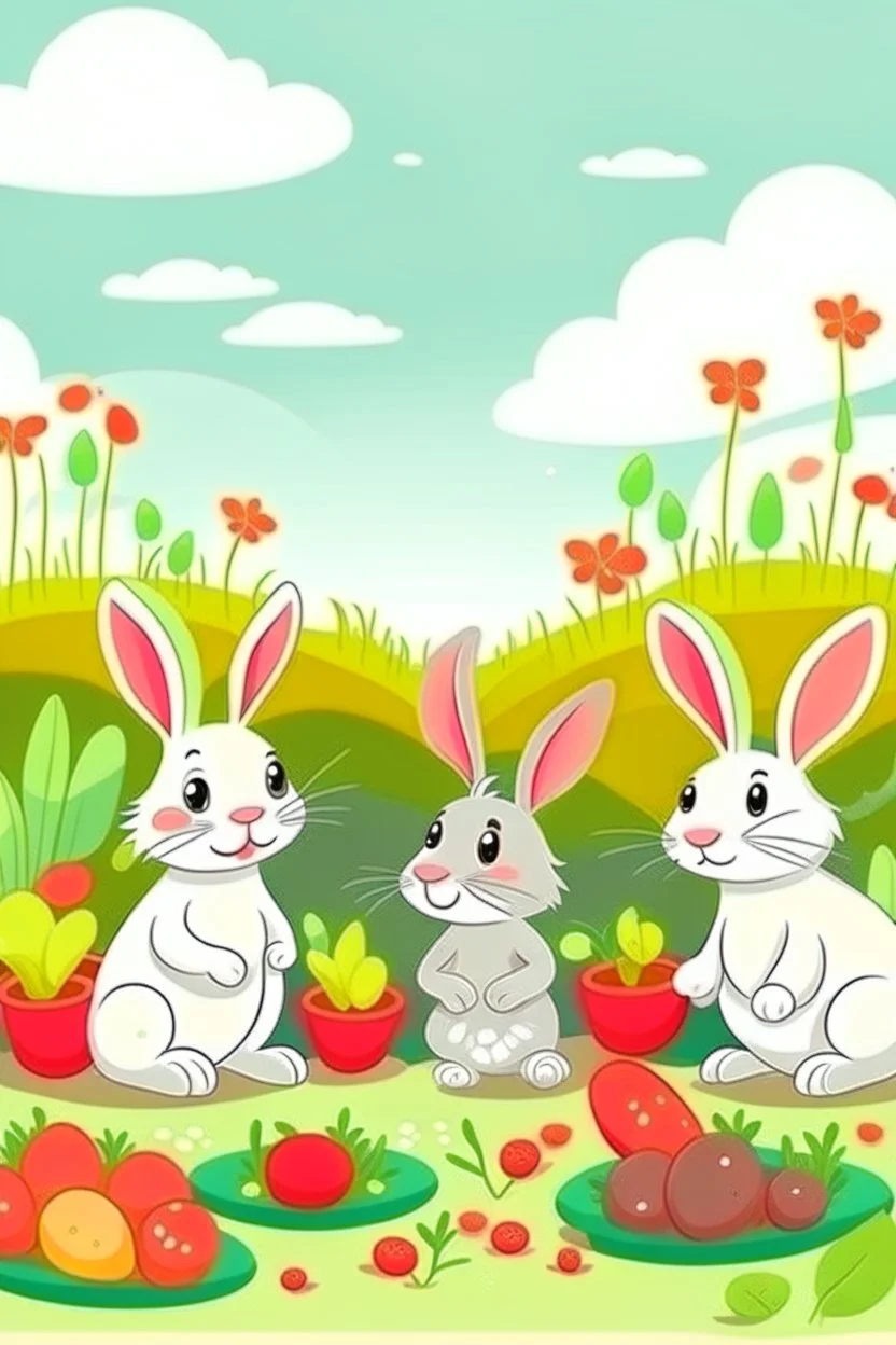 Cartoon rabbits on farm seeds vegetables