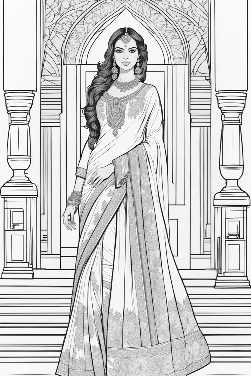 coloring page for adults of fashion model wearing hindi dress, thick and clear lines hair, full body portrait, style clean coloring page for adults, cartoon style, clean line art high detailed, white background, coloring book style, 8k, no-shading, thick lines hair, no-grayscale, lines hair