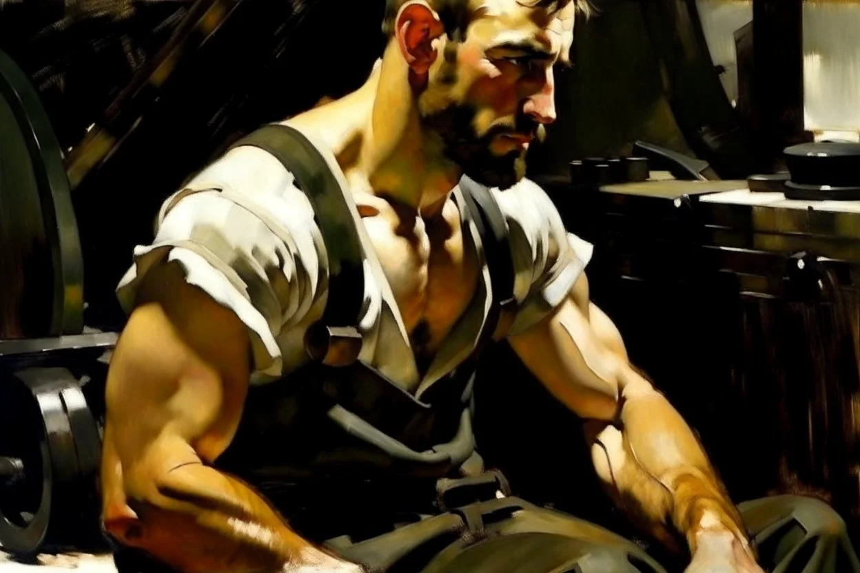 A handsome masculine shirtless scruff greasy dirty mechanic, Edward hopper John singer Sargent oil painting