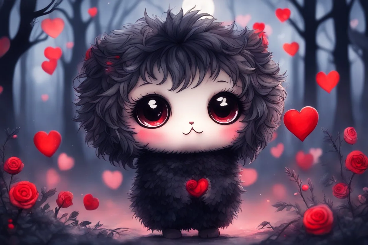 Cute chibi black fluffy pompom with cute big eyes, watercolor and black ink outlines, soft, shading strokes, holding red rose, evening forest, bushes, leafless branches with red heart shaped ornaments strung on them, in moonlight, ethereal, otherwordly, cinematic postprocessing, bokeh, dof