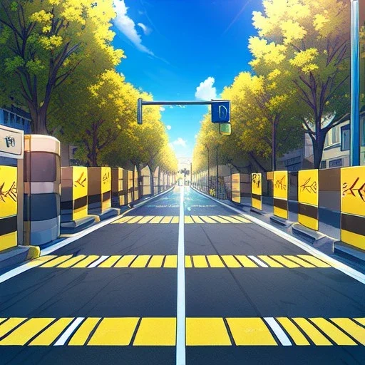 yellow brick road, road signs, arrows, direction, anime girl walking, detail on the girl