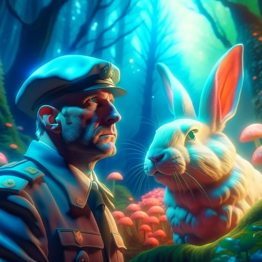 portrait of macho gestapo army officer staring inside glowing mushroom grove with huge fluffy space rabbit, 4 k, down-light, soft light, depth of field, photo realism, trending on art station, high detail, spray paint