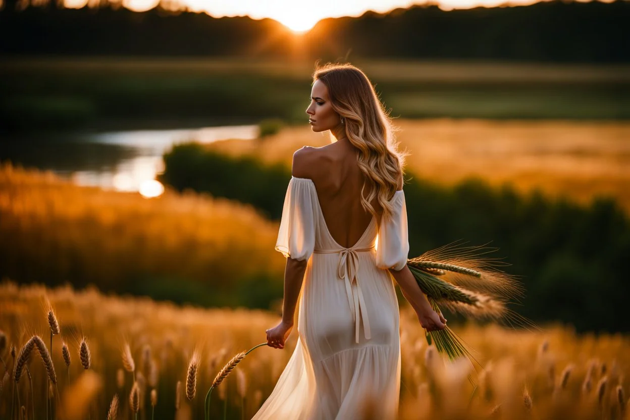 wide angle shot of golden wheat field next to river ,a watermill on river, a beautiful girl in pretty long dress walking in