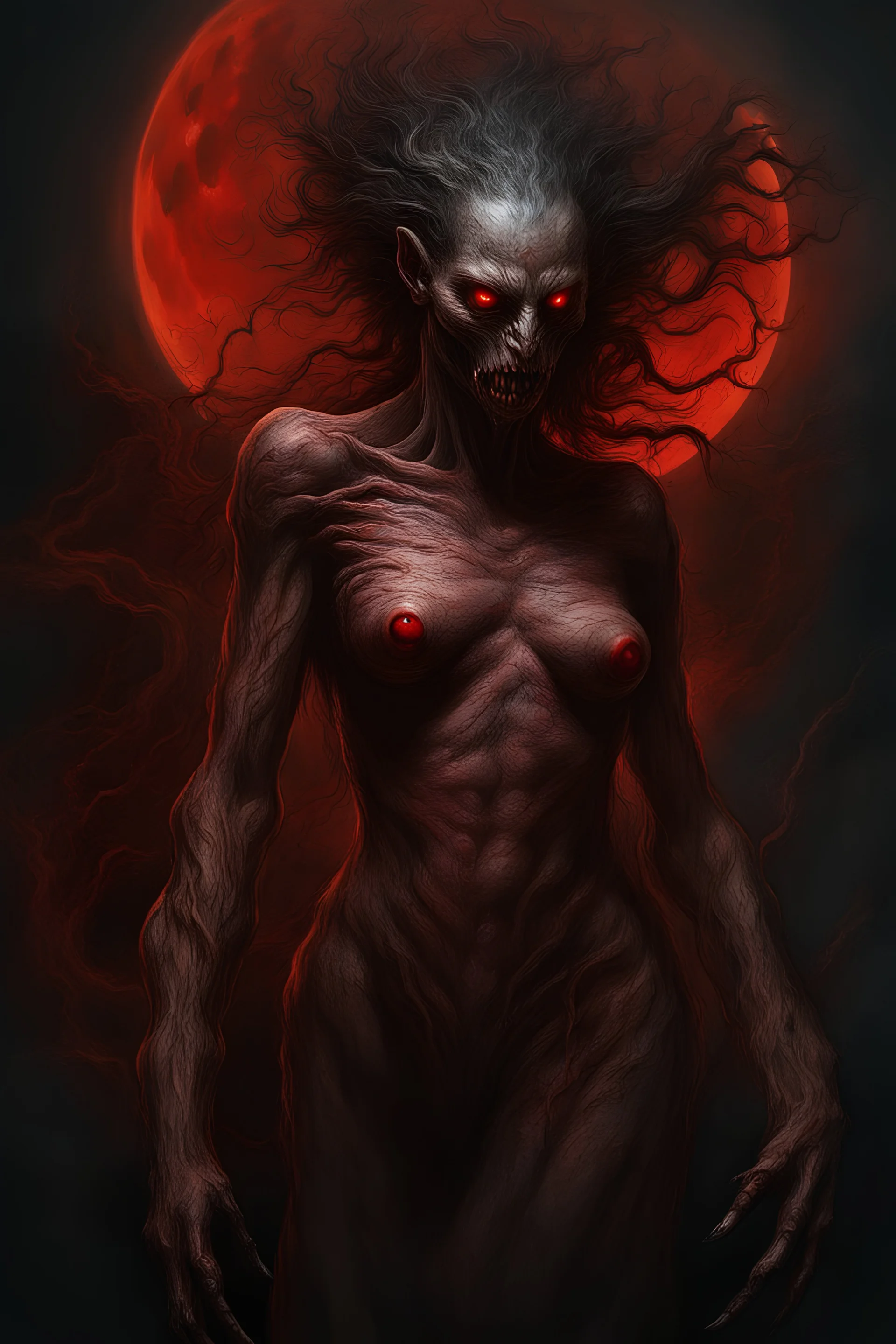 A dramatic digital painting portraying a horror monster under the Red Moon, veins pulsing, claws of temptation visible, soul in turmoil. In the style of Luis Royo and Boris Vallejo and Giger, vivid colors, swirling brushstrokes, highly detailed, 8k resolution, surrealistic., juicy emotions, painting, gloomy fantasy, gloomy day, dark world, portrait, oil and graphite, wide strokes, a weaving frame around, by Ryohei Hase, Agnes Cecile, Raymond Swanland, Anne Bachelier