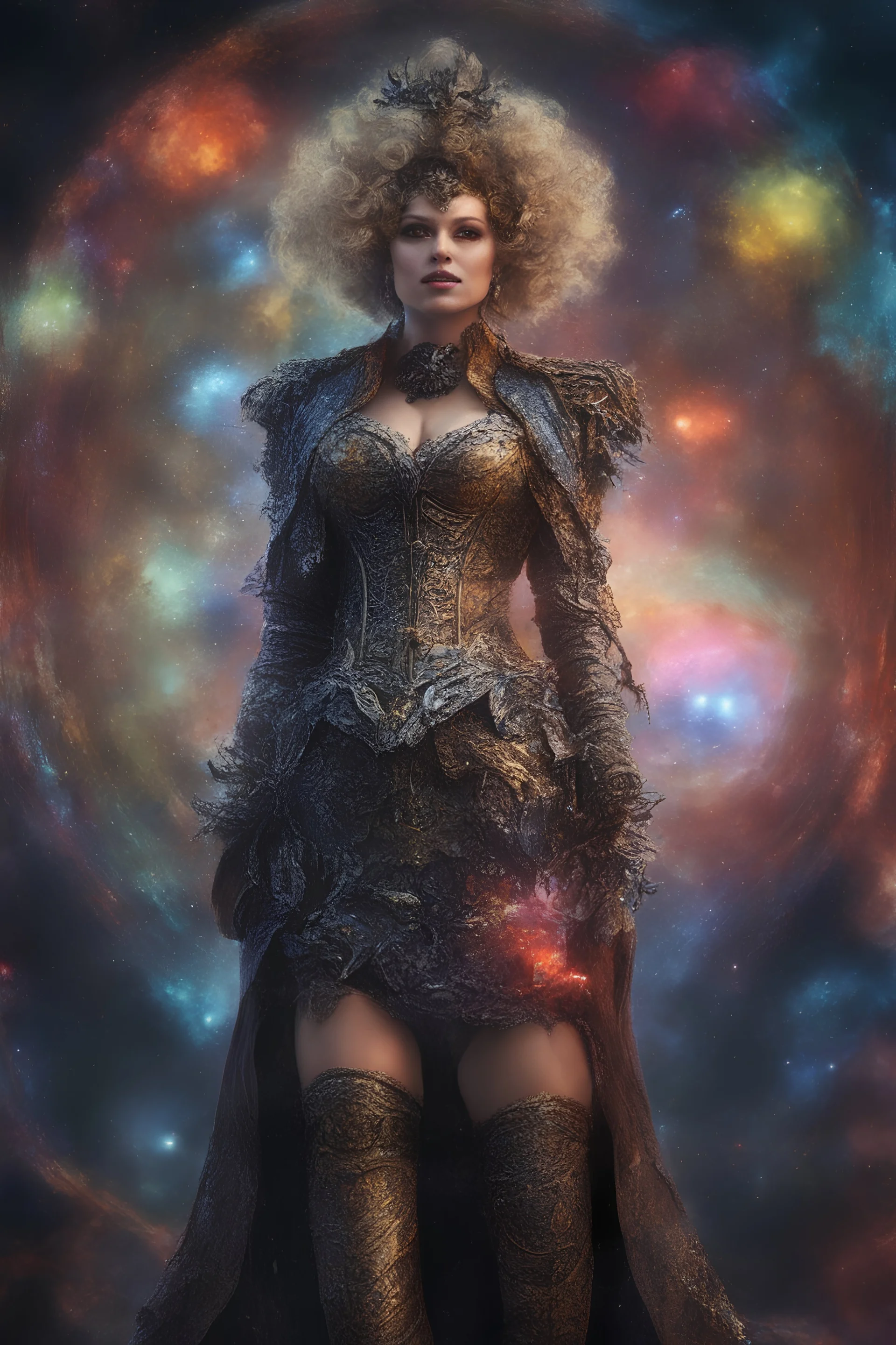 an extremely bodacious and graphic depiction of Carlotta Jones - 32k UHD, extremely detailed, focused, photorealistic, realistic, cinematic, beautiful, majestic, superb, outstanding, perfect in every way, outer space, multicolored, colorful, vibrant, botanical, festive, gothic, horrifying, terrifying, funny, action packed, comedic, ludicrous, romantic