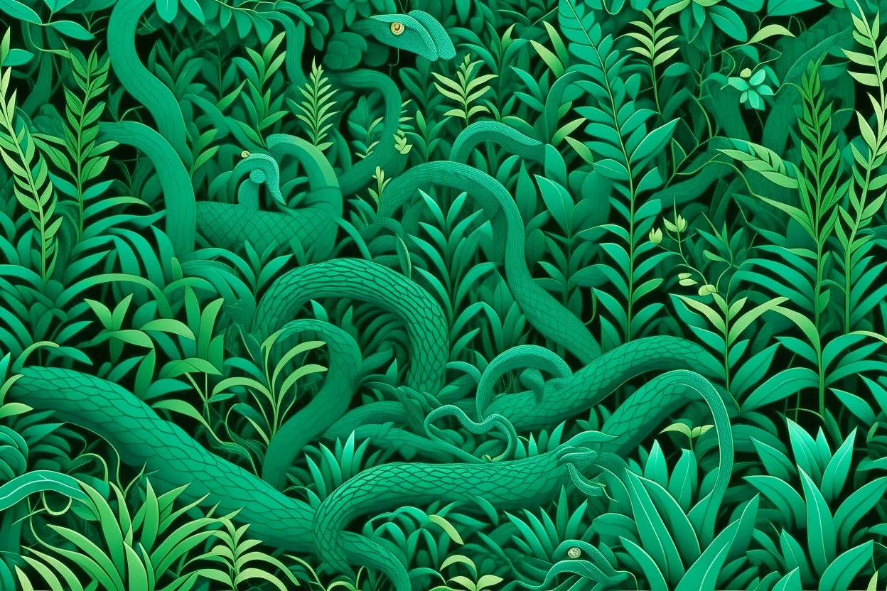 A teal jungle with serpents painted by MC Escher