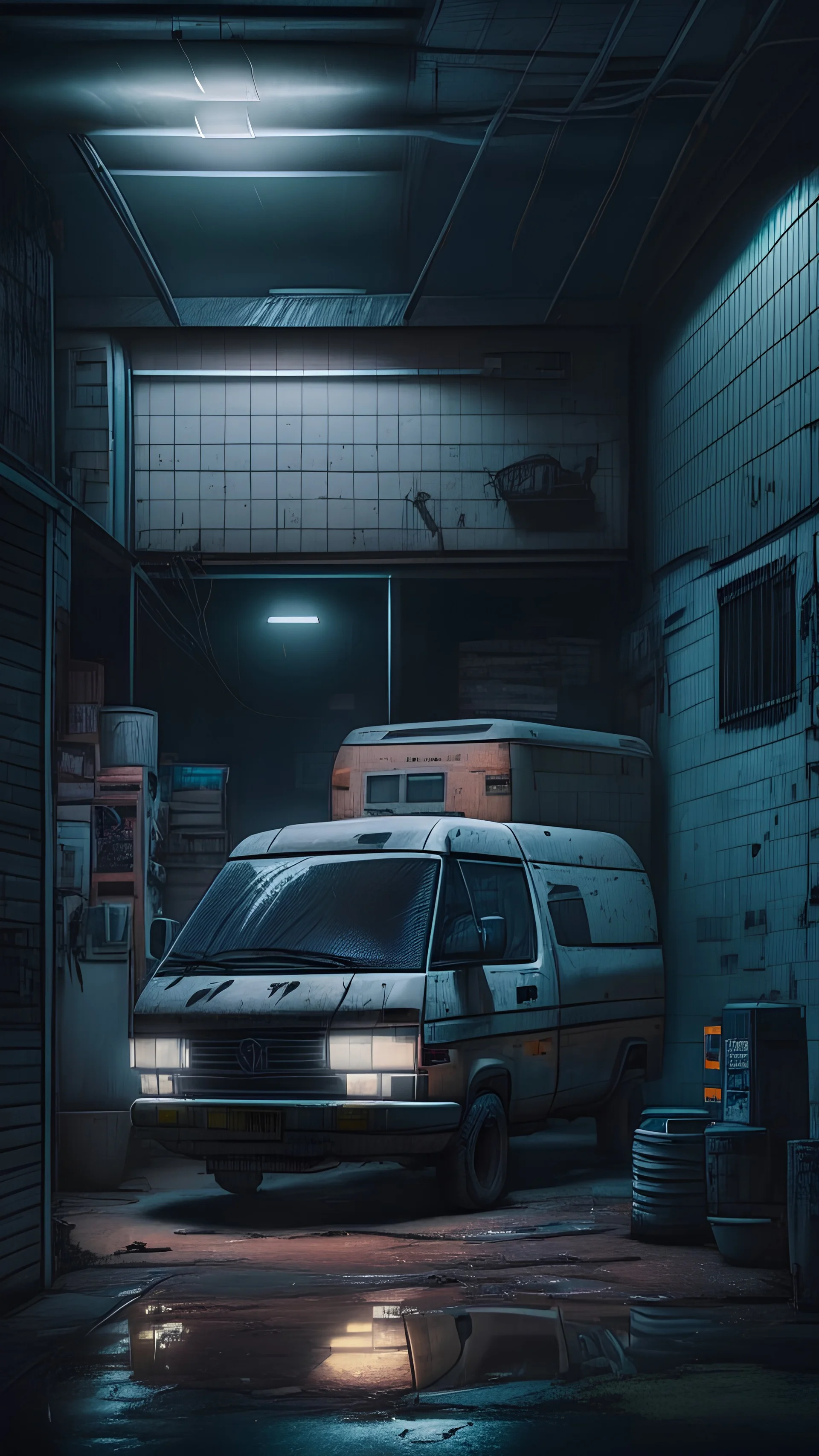 dimly lit grimy cyberpunk garage with a single toyota hiace cargo van parked inside