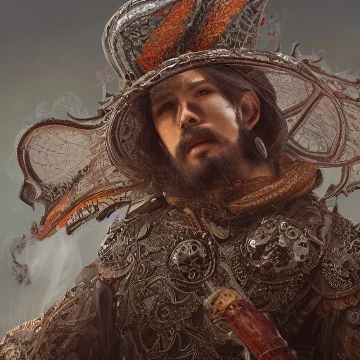 Insanely detailed photograph of an “portrait of a D&D fighter” with intricate Sombrero, intricate embroidered charo, mustachioed clear face and hyperdetailed painting by Ismail Inceoglu Huang Guangjian and Dan Witz CGSociety ZBrush Central fantasy art album cover art,8K, hdr, romantic, mysterious, ominous, cigar smoke, jewelry, comfort, natural eyes,naked,tasteful