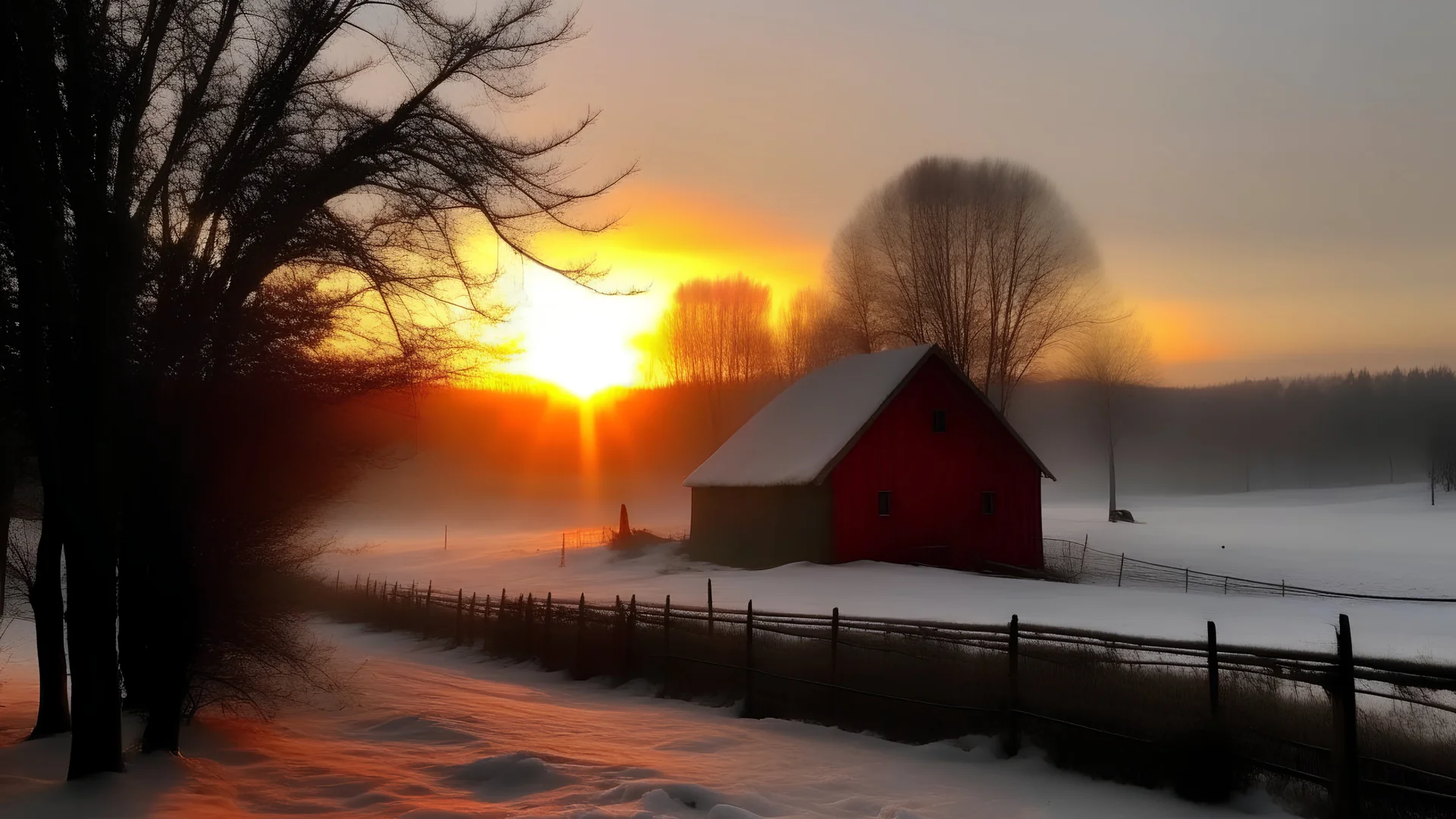 A small red barn in a snowy winter landscape, with bare trees in the foreground and in the background, also some loose evergreens with a sunset in the background, the sun looks clear and yellow under fog. At the moment it is snowing lightly.