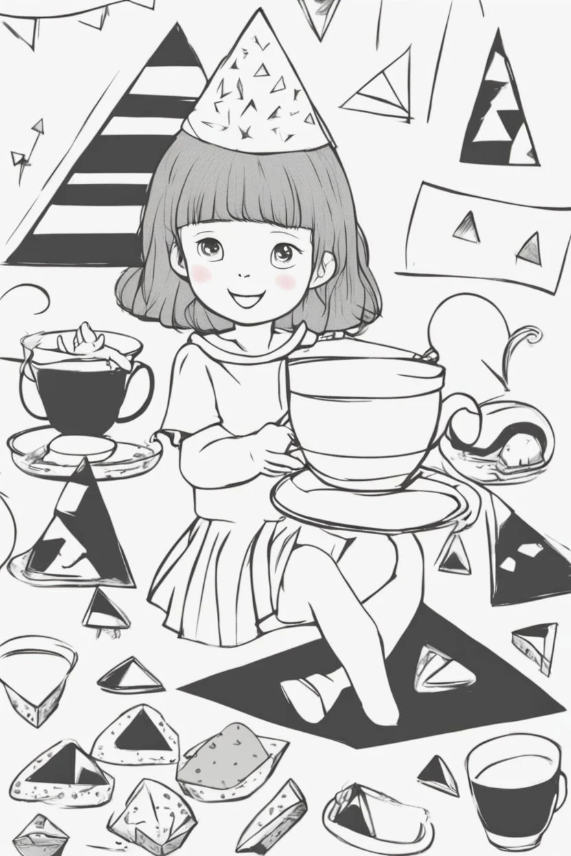 A little girl with a triangular party hat, enjoying a tea party with geometrically shaped cookies and cups. Use triangles for the hat, cookies, and other party decorations. very happy , Colloring page for todlliers ; basic hawali style cartoon , black and white , ink outlines , , smooth , anime style , minimalist , cute eyes , full body , white shose , sketchbook , realistic sketch , free lines , on paper , character sheet , clean line art high detailed