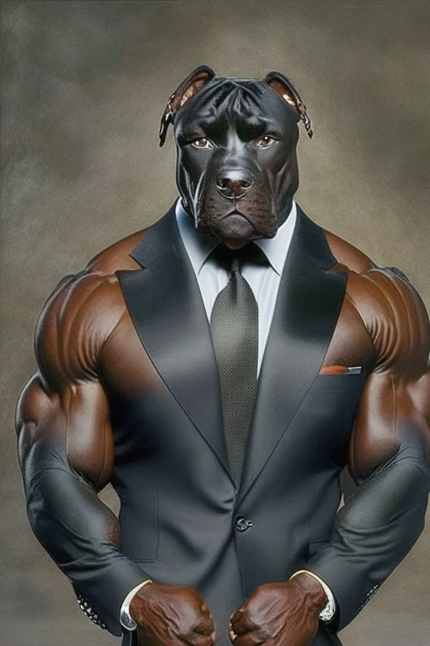 Bodybuilder Lee Haney with the face of a Rottweiler dog A dog's head instead of a person's head Only the player's body with a bulldog head on it He wears a luxurious black suit and holds a luxurious cigar The suit covers the body. In the mouth of the dog there is a luxurious Rottweiler dog head Remove the head